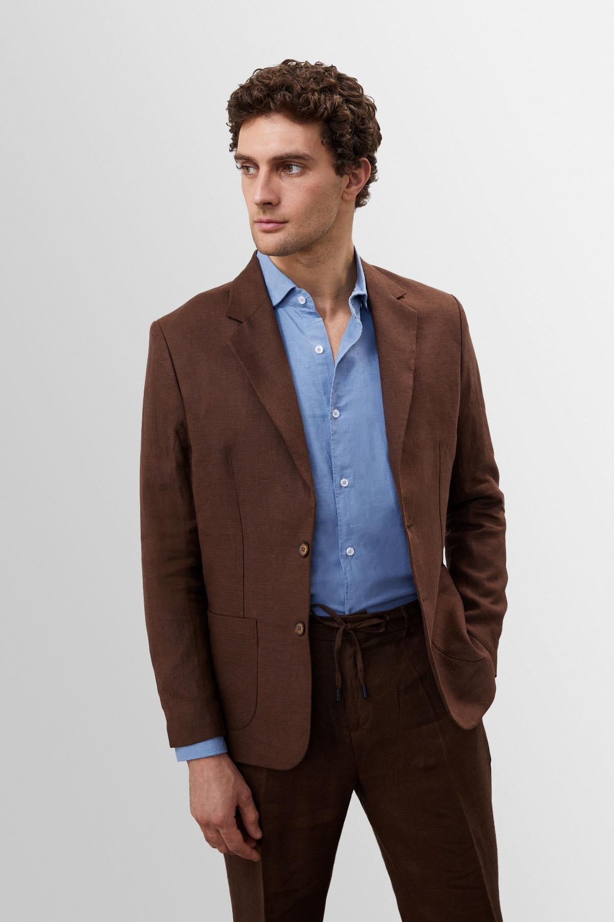Men's Brown 100% Linen Blazer Jacket