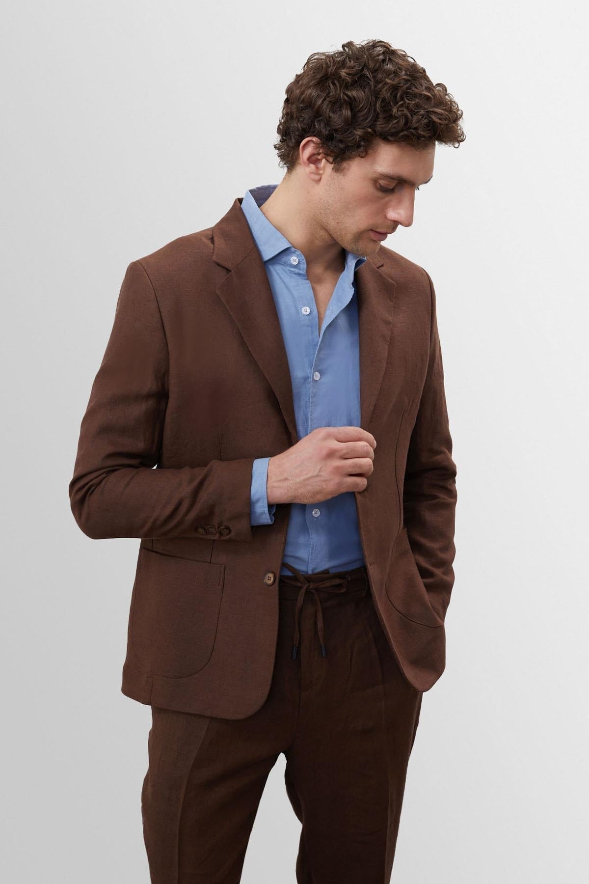 Men's Brown 100% Linen Blazer Jacket