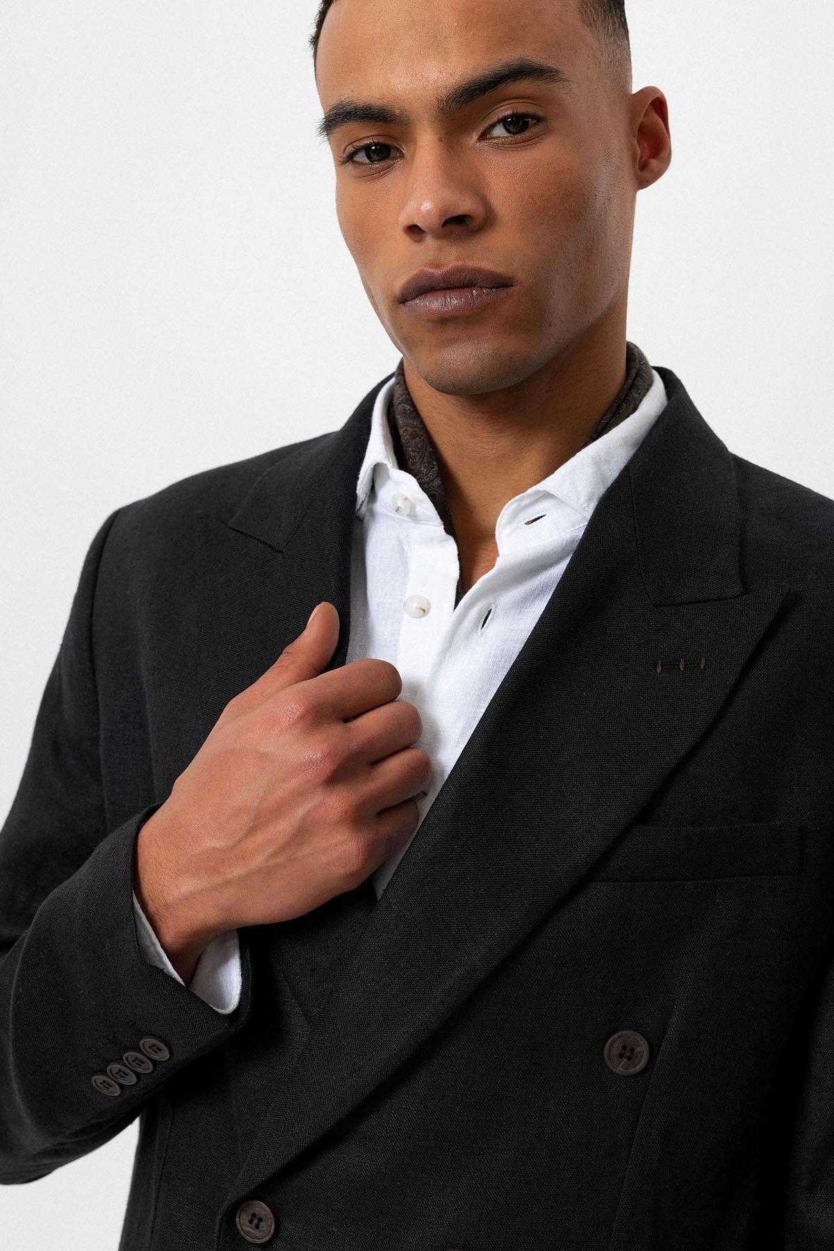 Men's Black 100% Linen Double-Breasted Blazer