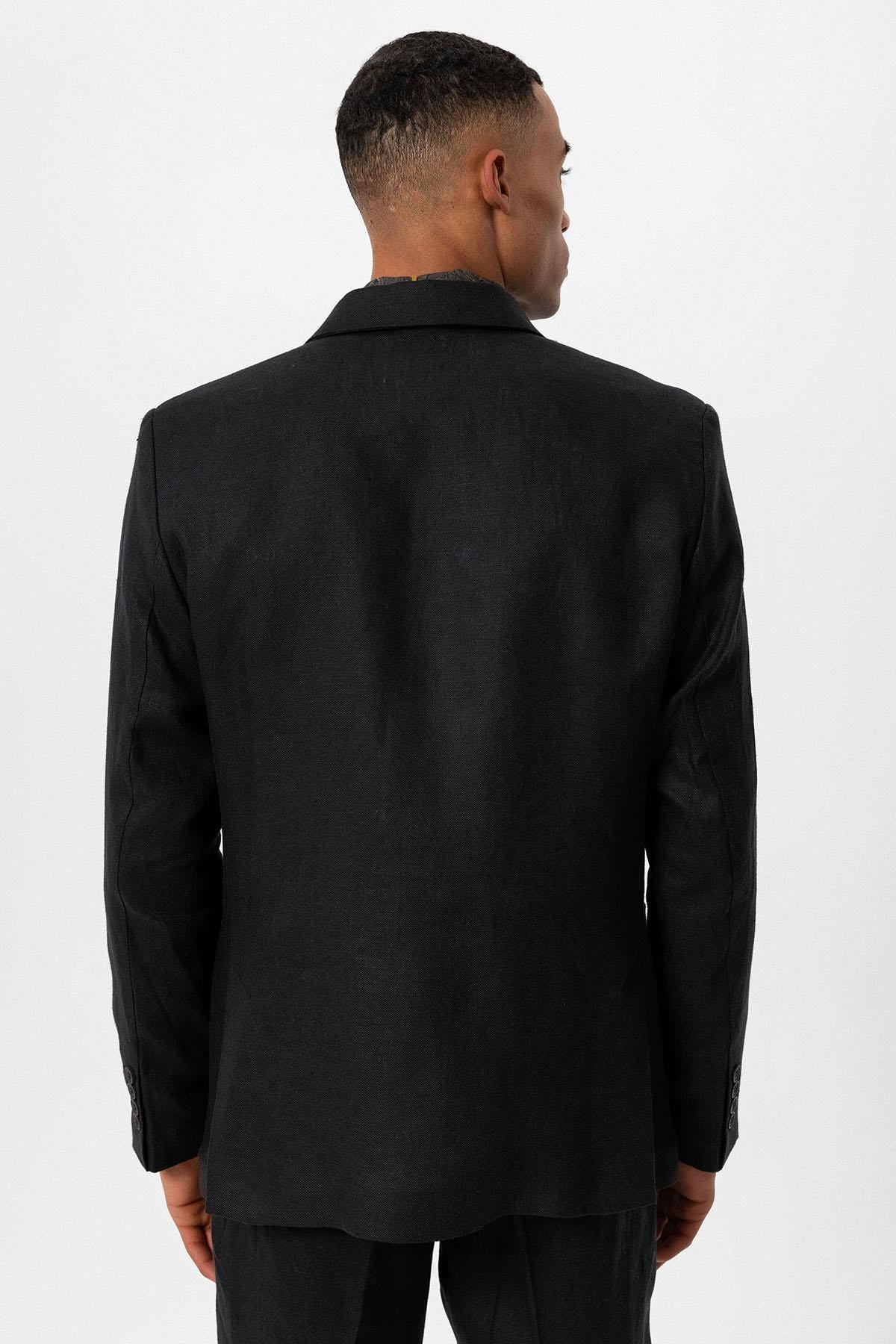 Men's Black 100% Linen Double-Breasted Blazer