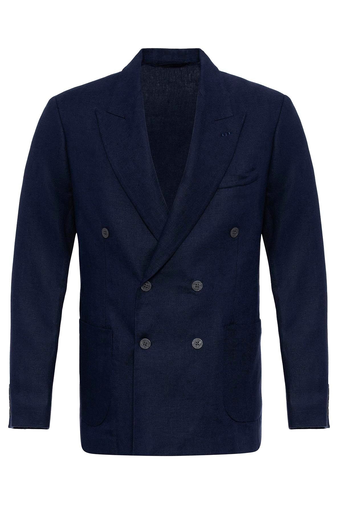 Men's Navy Blue 100% Linen Double-Breasted Blazer