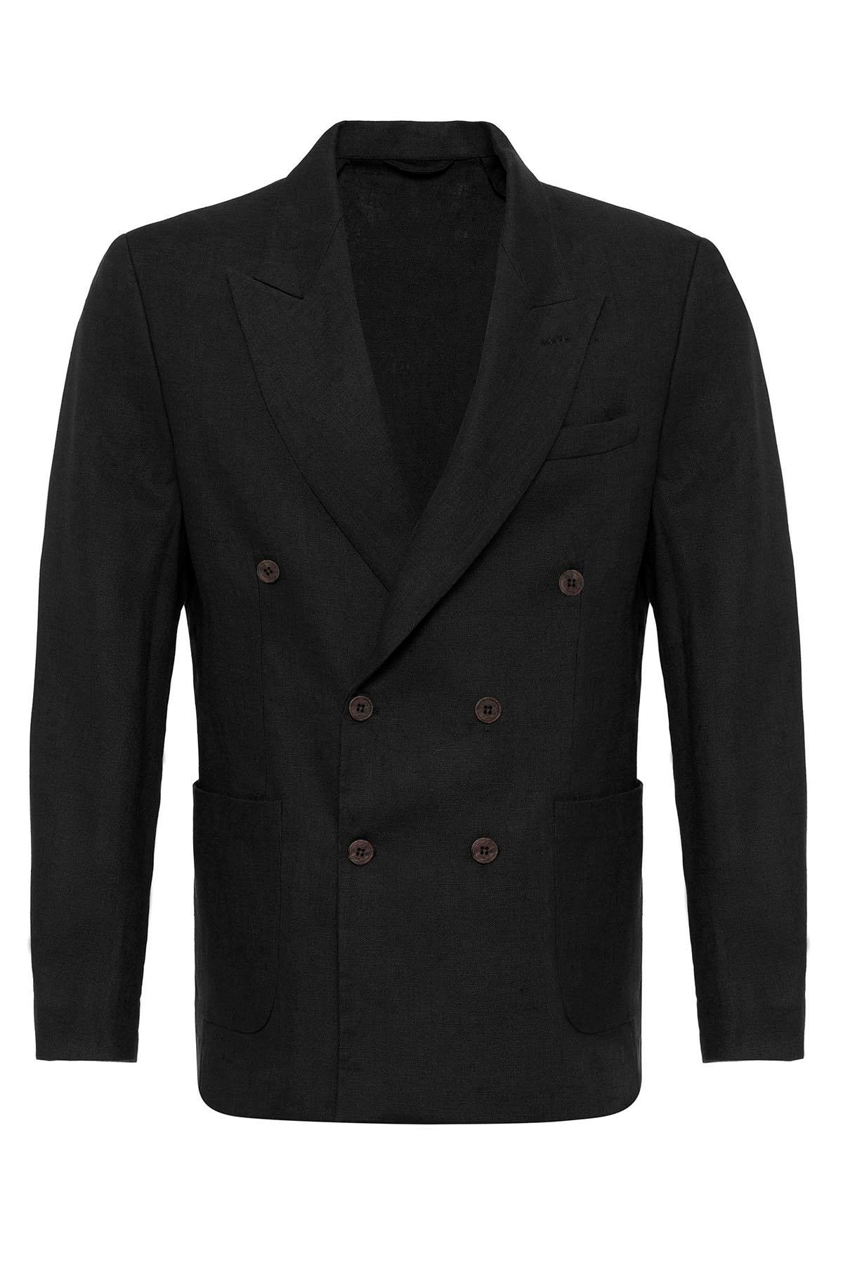 Men's Black 100% Linen Double-Breasted Blazer
