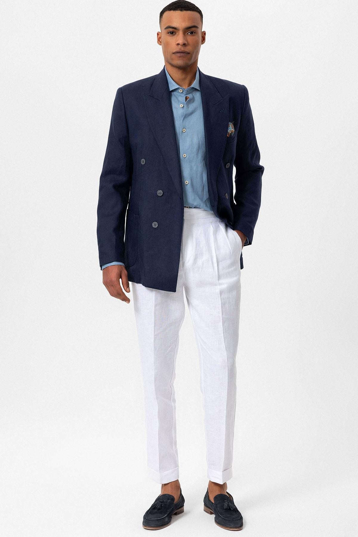 Men's Navy Blue 100% Linen Double-Breasted Blazer