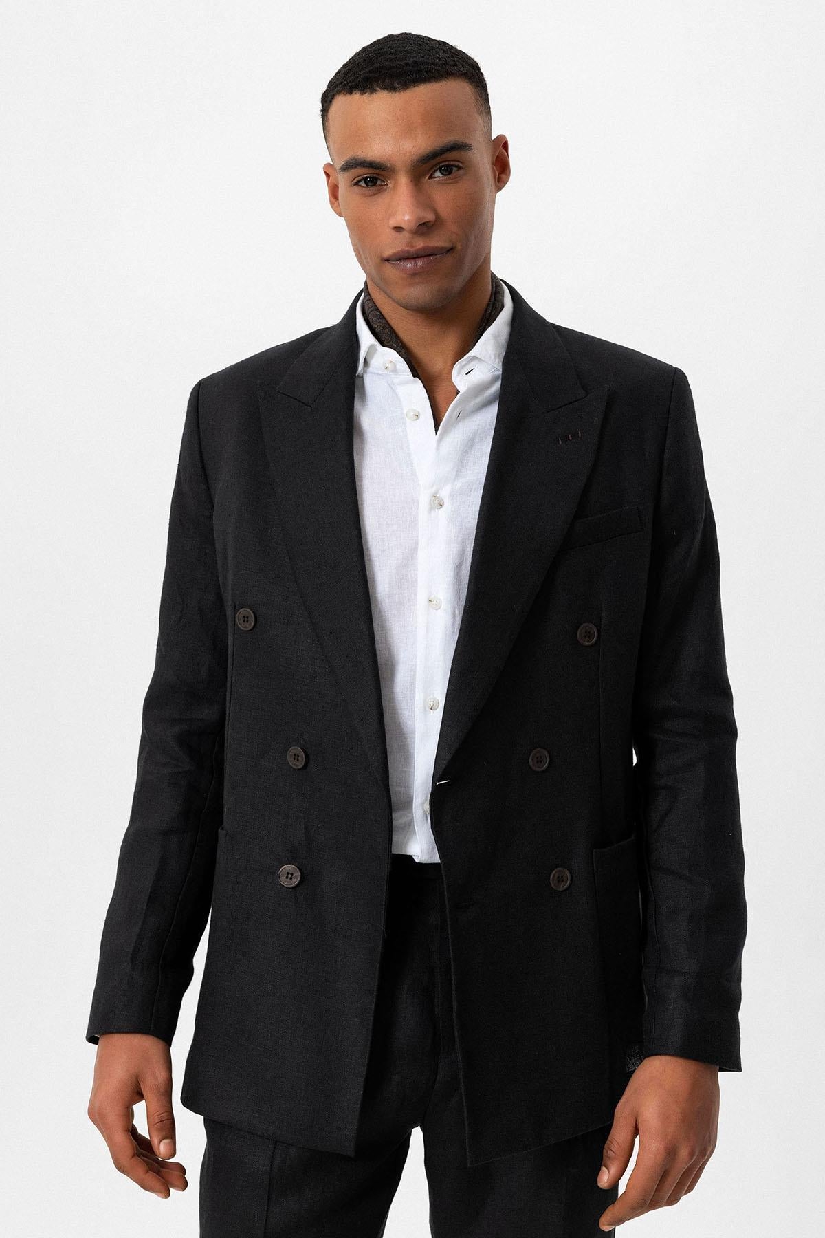 Men's Black 100% Linen Double-Breasted Blazer