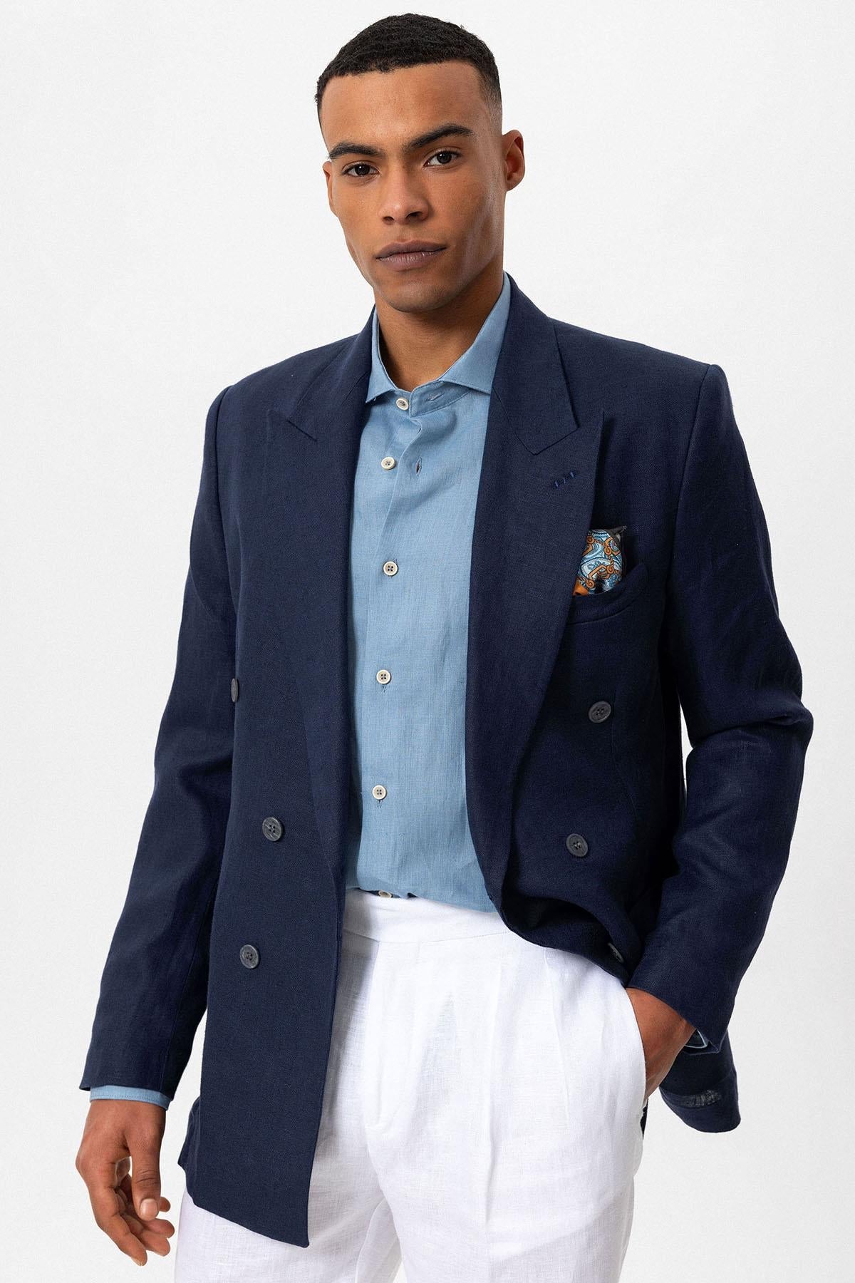 Men's Navy Blue 100% Linen Double-Breasted Blazer