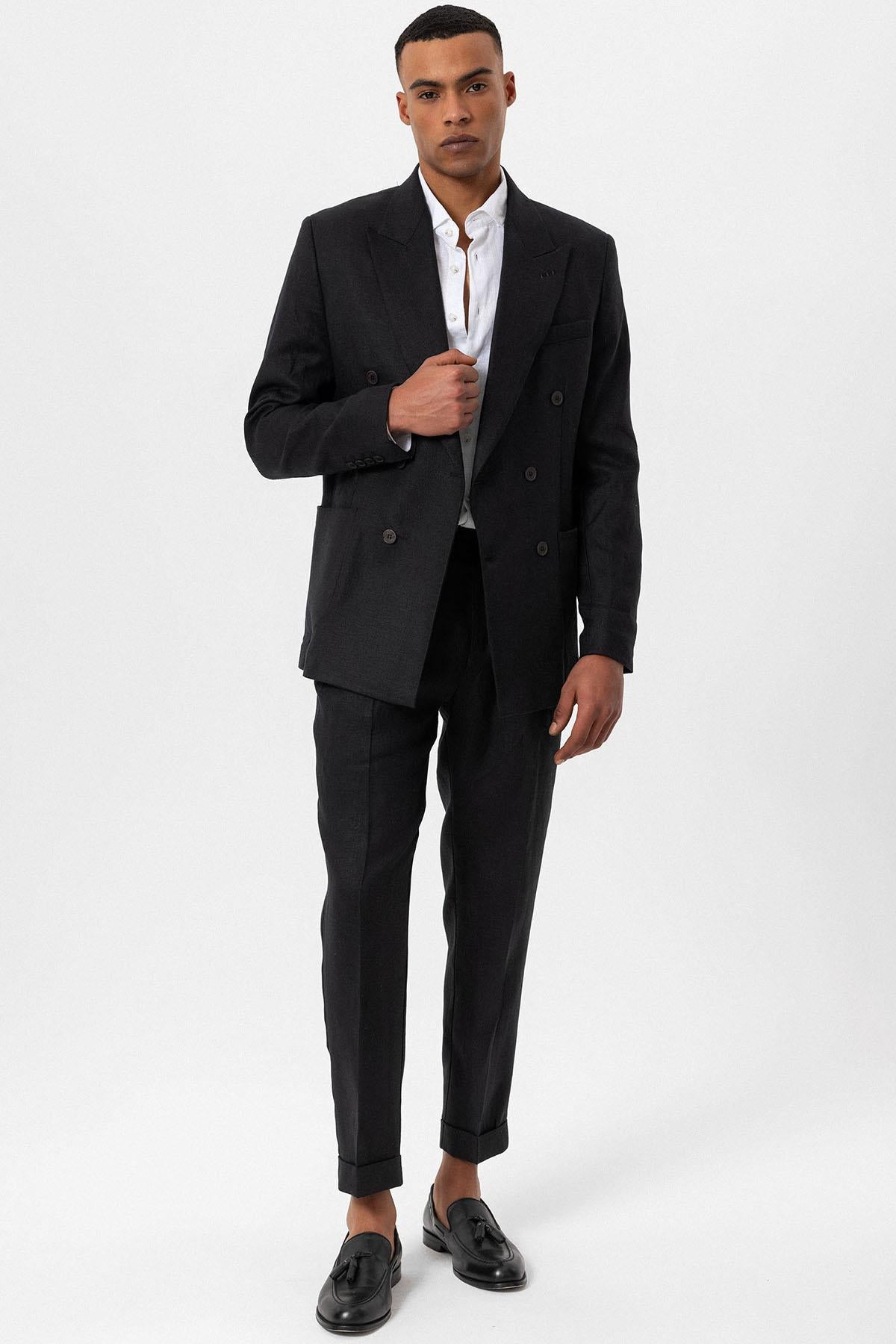 Men's Black 100% Linen Double-Breasted Blazer