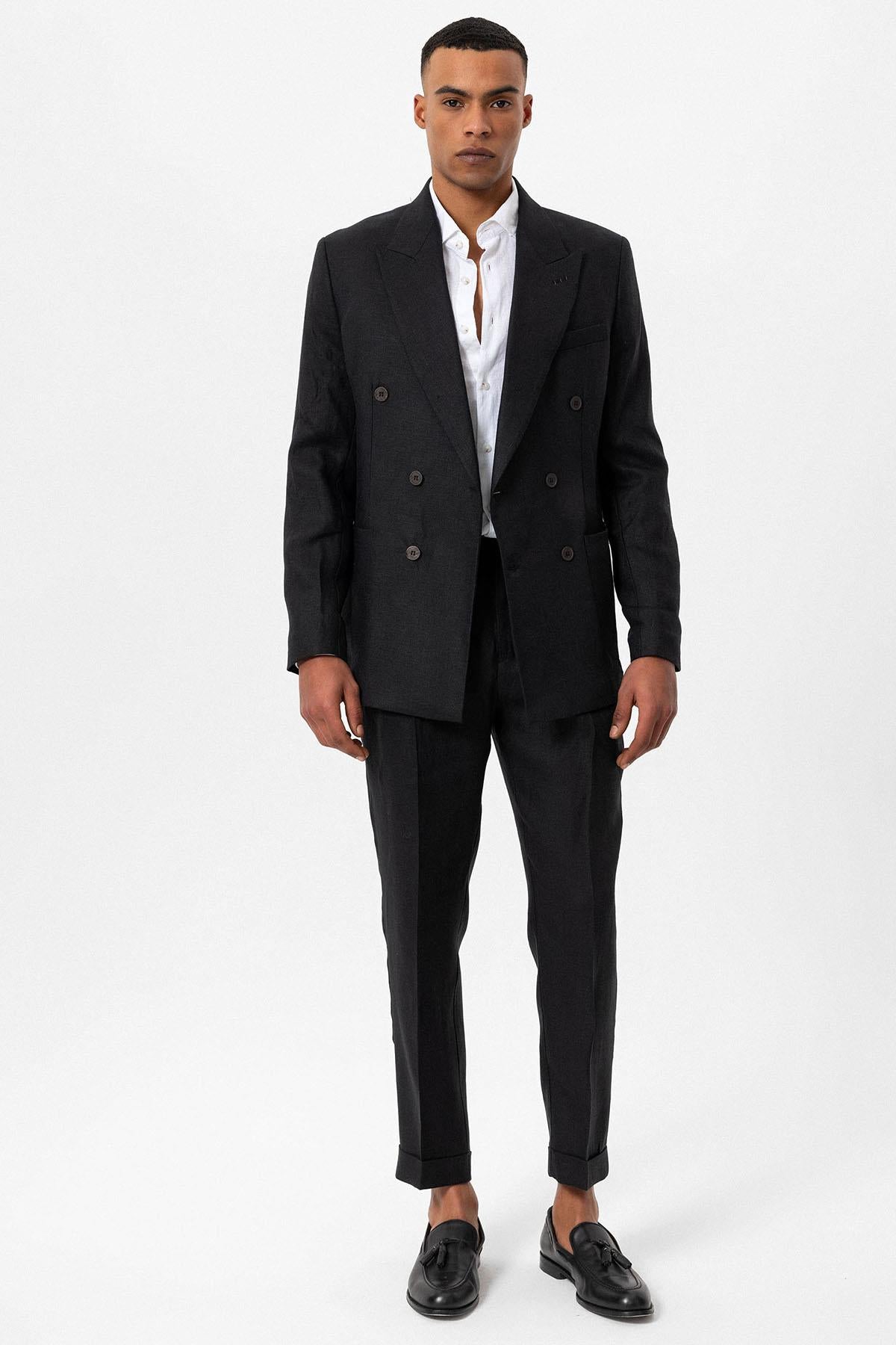 Men's Black 100% Linen Double-Breasted Blazer