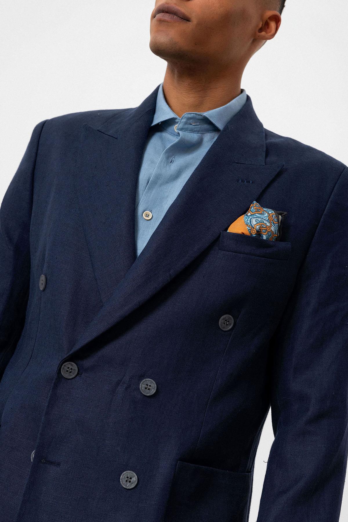 Men's Navy Blue 100% Linen Double-Breasted Blazer