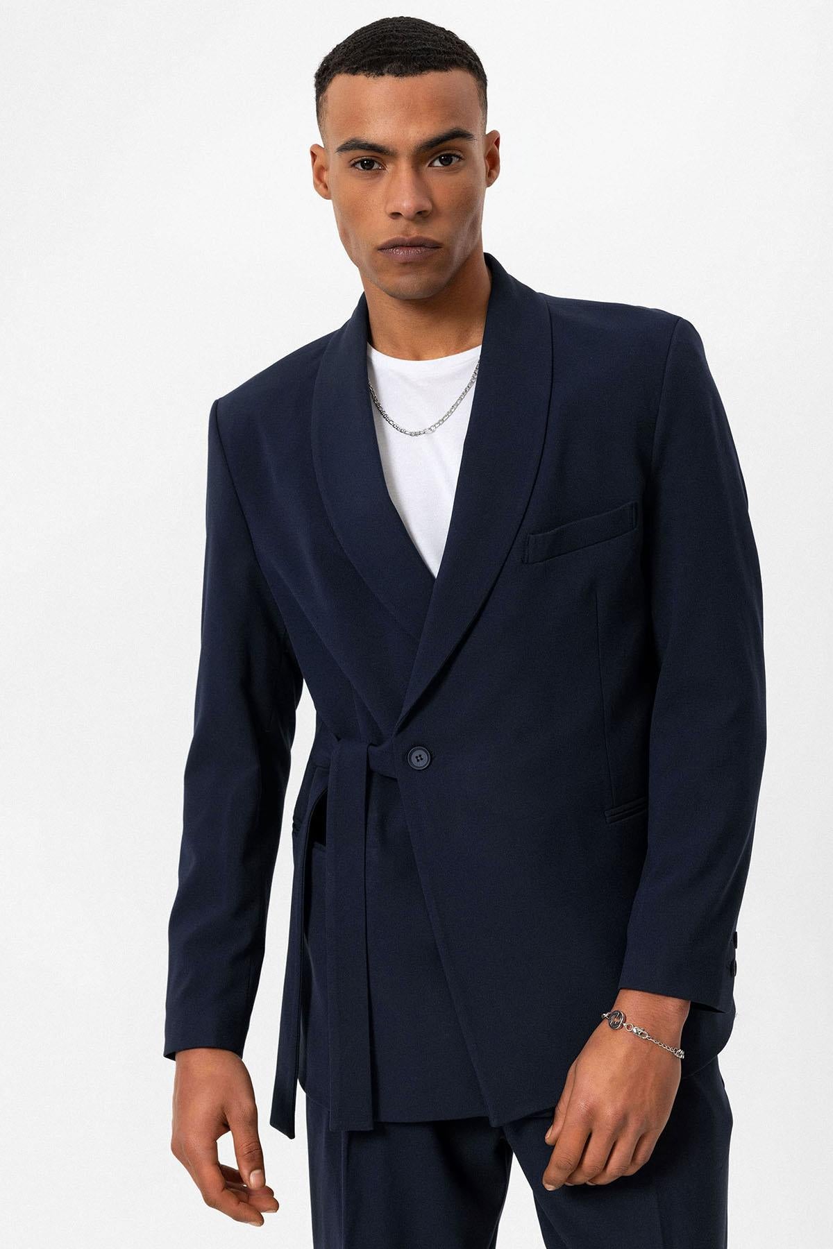 KOALA SYDNEY Men's Navy Blue 100% Linen Pocket Detail Double-Breasted Blazer