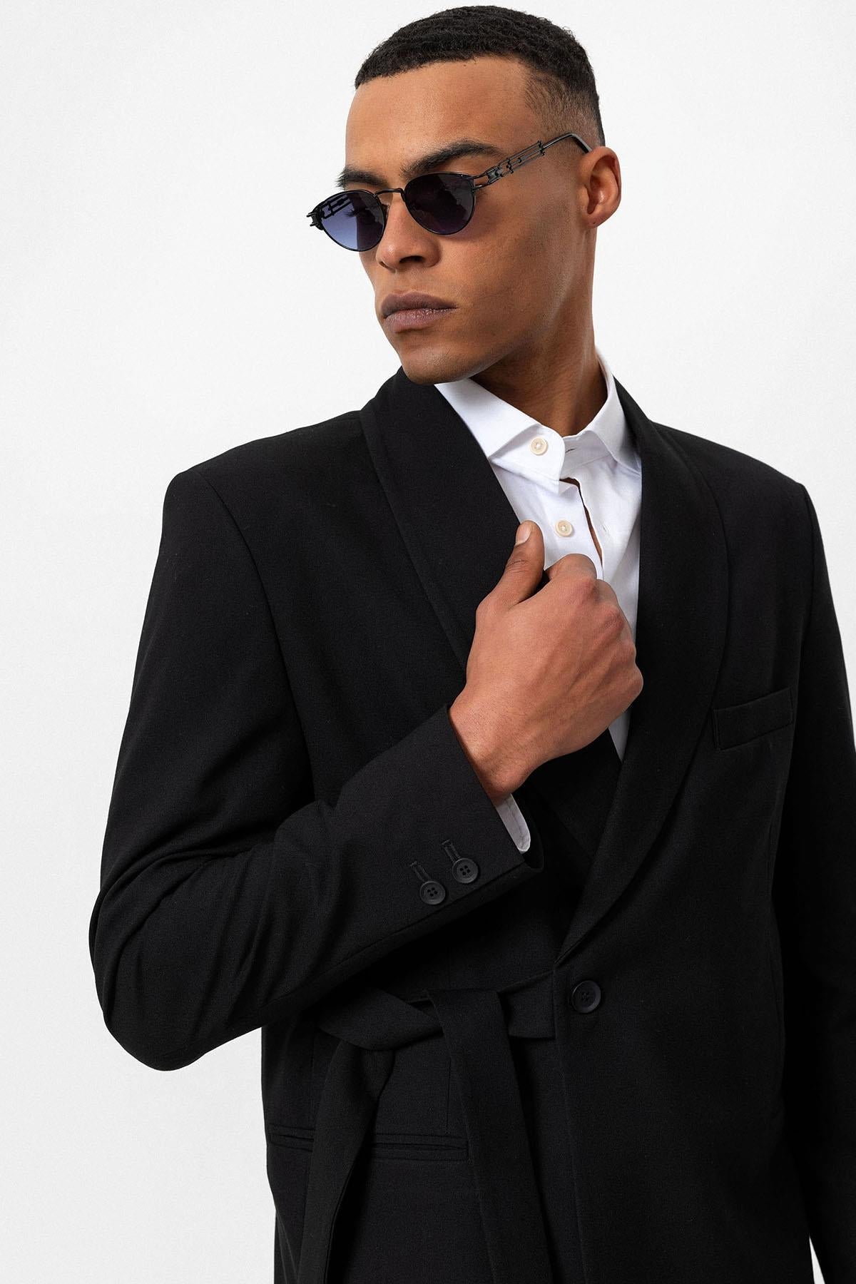 Black Double-Breasted Belted Men's Blazer