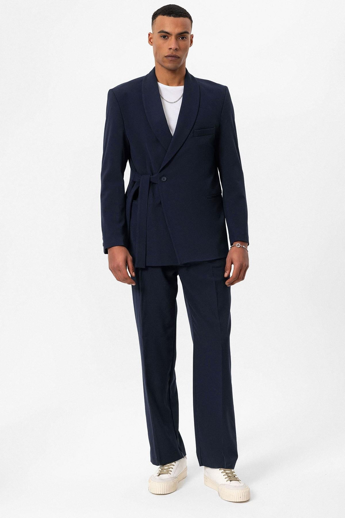 KOALA SYDNEY Men's Navy Blue 100% Linen Pocket Detail Double-Breasted Blazer
