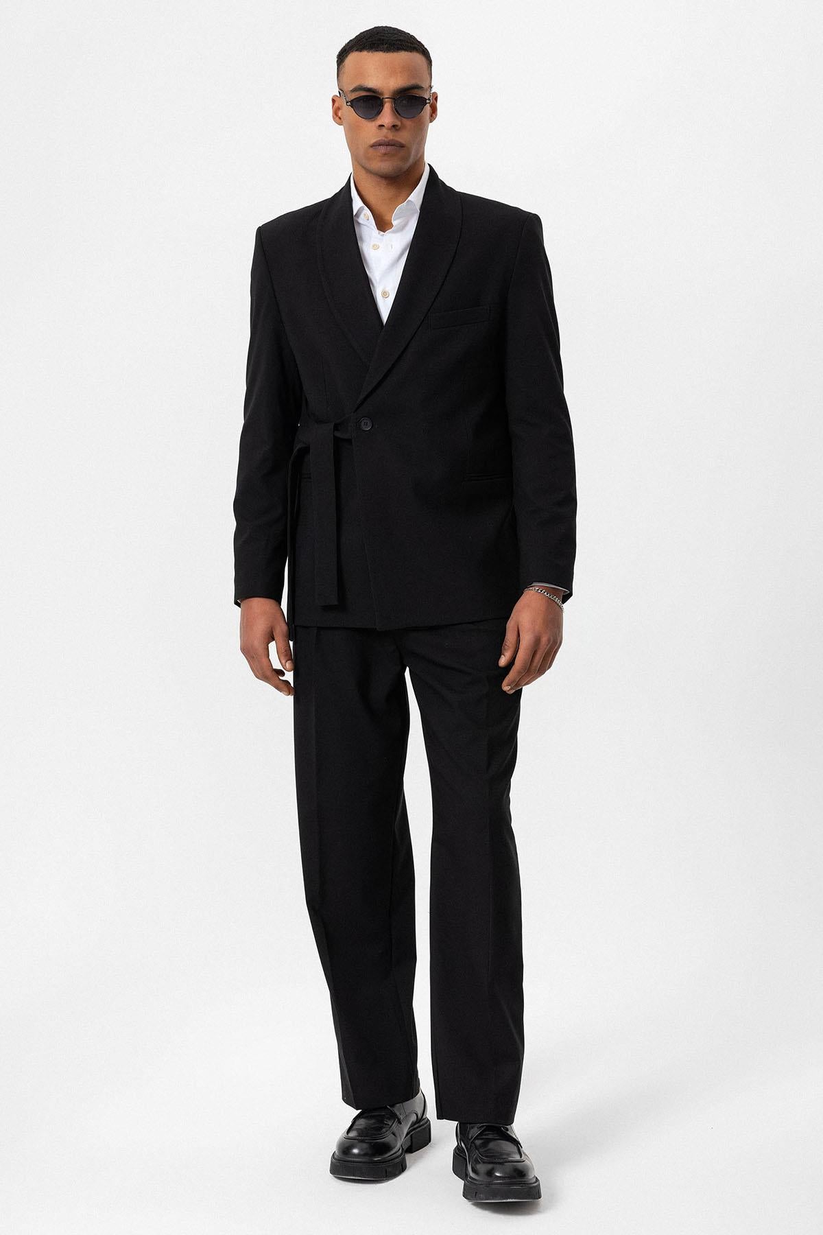 Black Double-Breasted Belted Men's Blazer