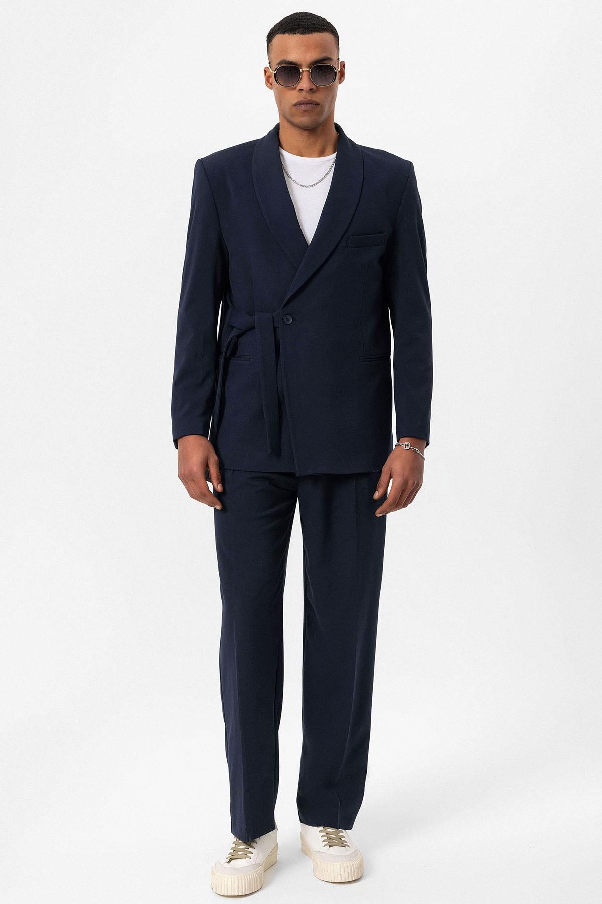 KOALA SYDNEY Men's Navy Blue 100% Linen Pocket Detail Double-Breasted Blazer