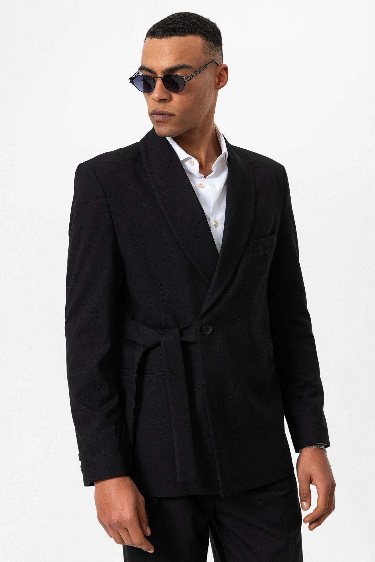 Black Double-Breasted Belted Men's Blazer