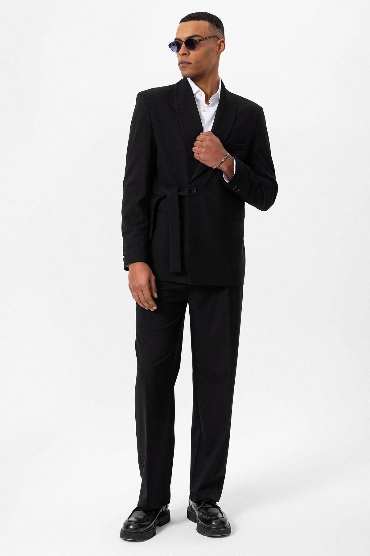 Black Double-Breasted Belted Men's Blazer