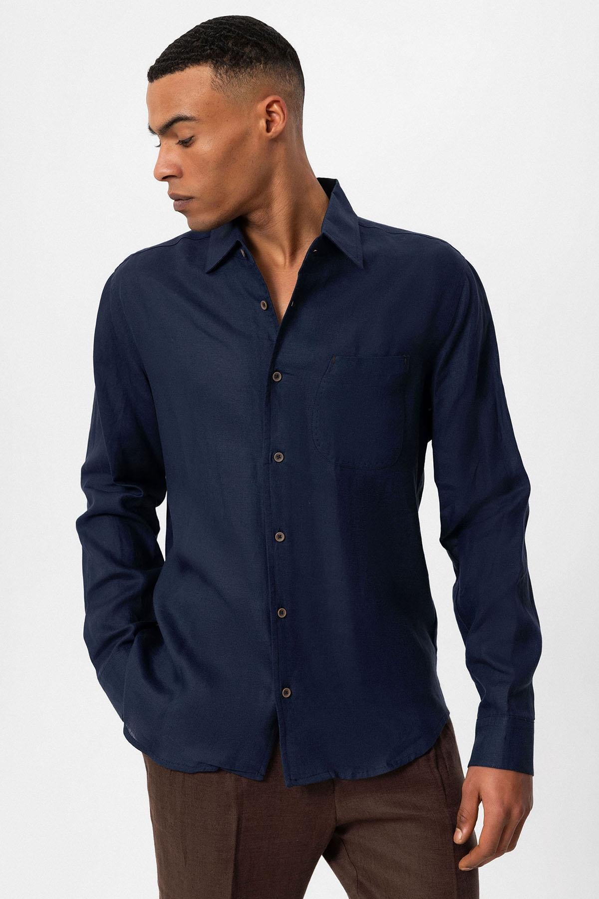 Men's Navy Blue 100% Linen Long-Sleeve Shirt