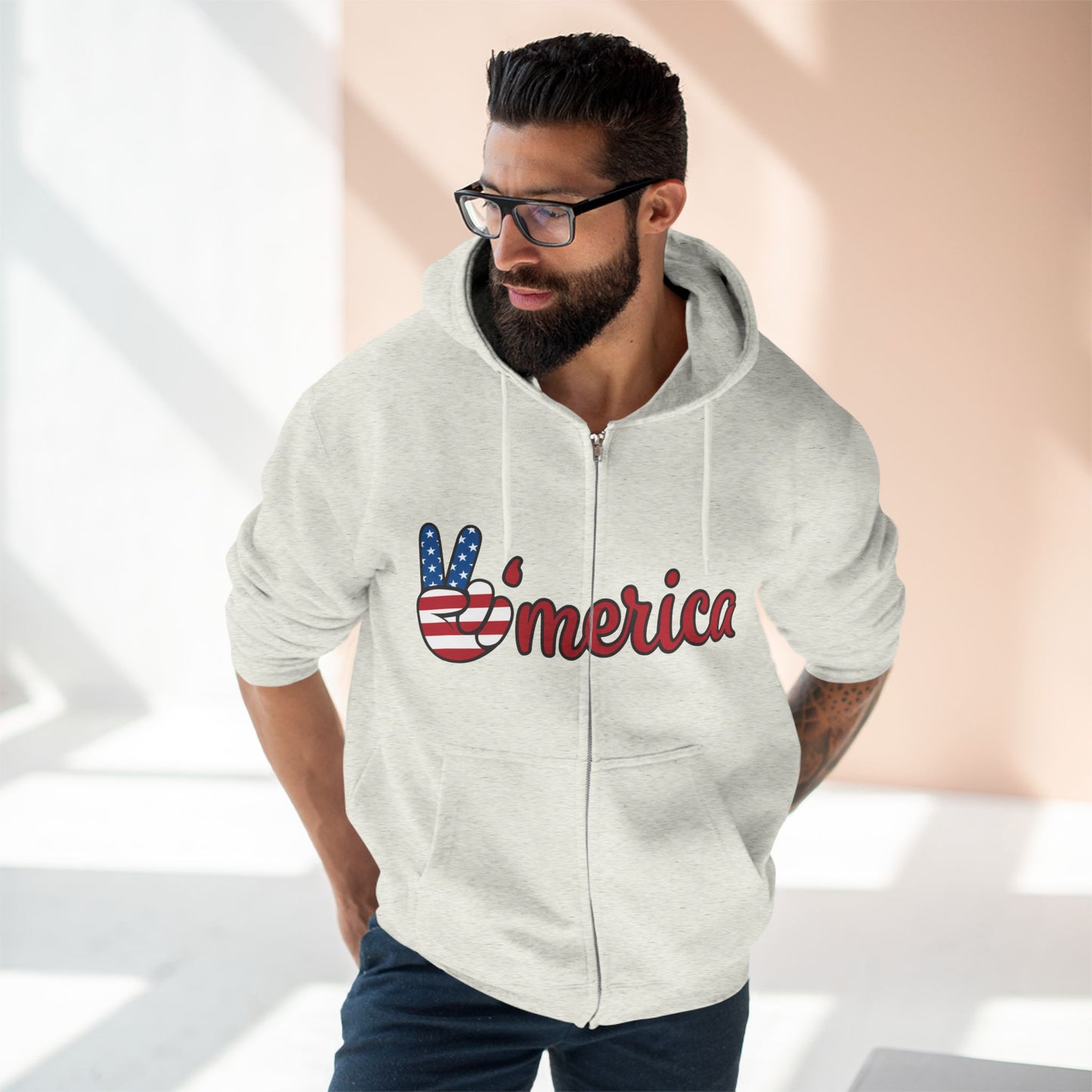 Patriotic Peace Zip Hoodie - Unisex American Flag Design