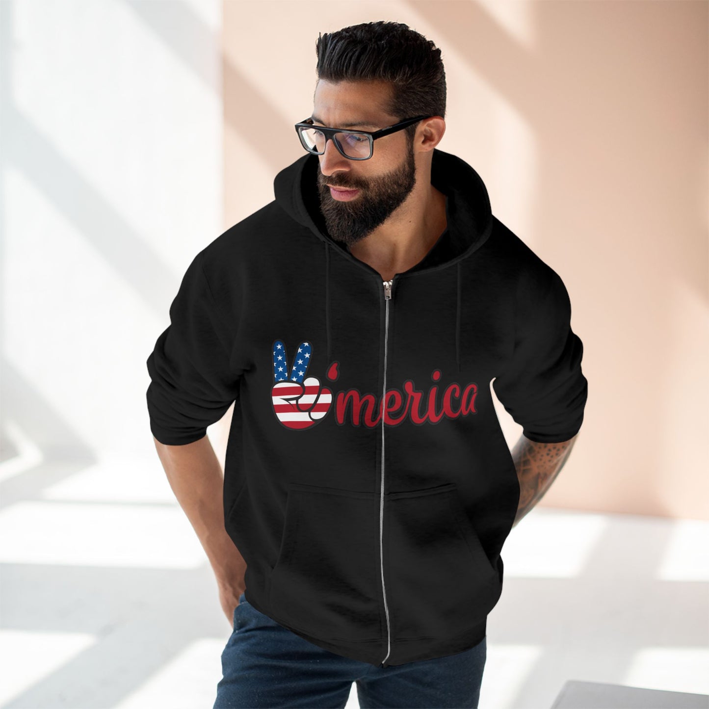 Patriotic Peace Zip Hoodie - Unisex American Flag Design
