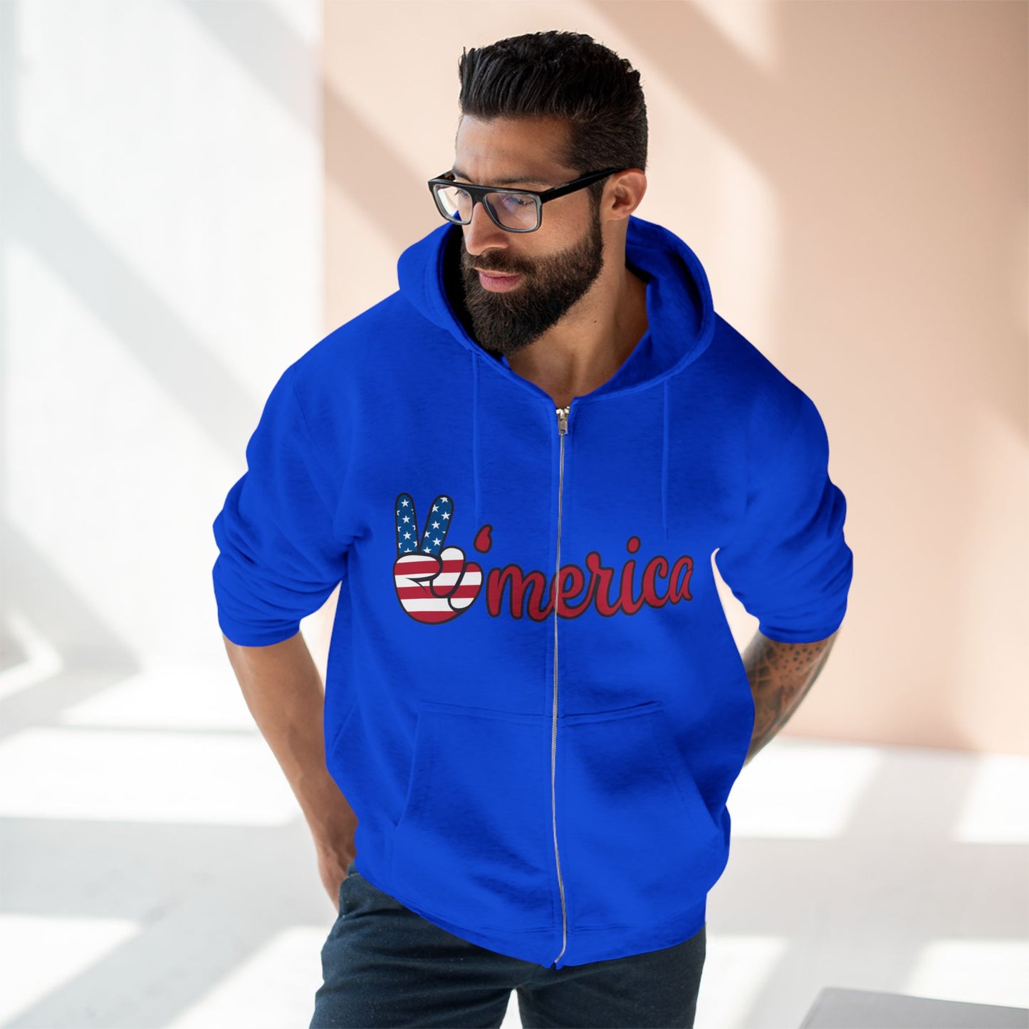 Patriotic Peace Zip Hoodie - Unisex American Flag Design