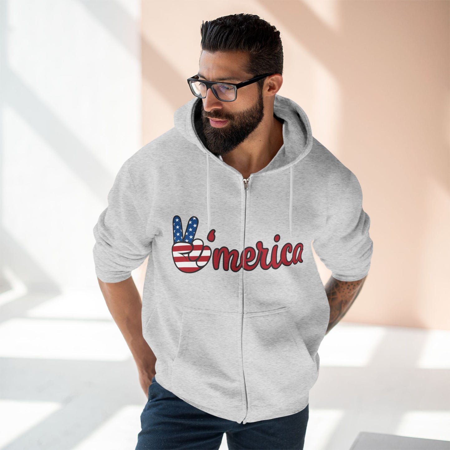 Patriotic Peace Zip Hoodie - Unisex American Flag Design