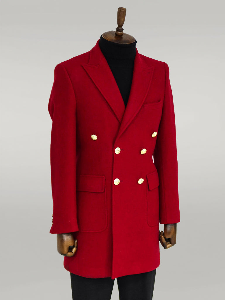 Metal Buttoned Double Breasted Burgundy Men Coat