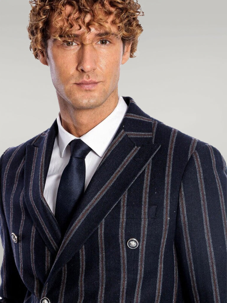 Wide Lapel Striped Double Breasted Navy Blue Men Blazer