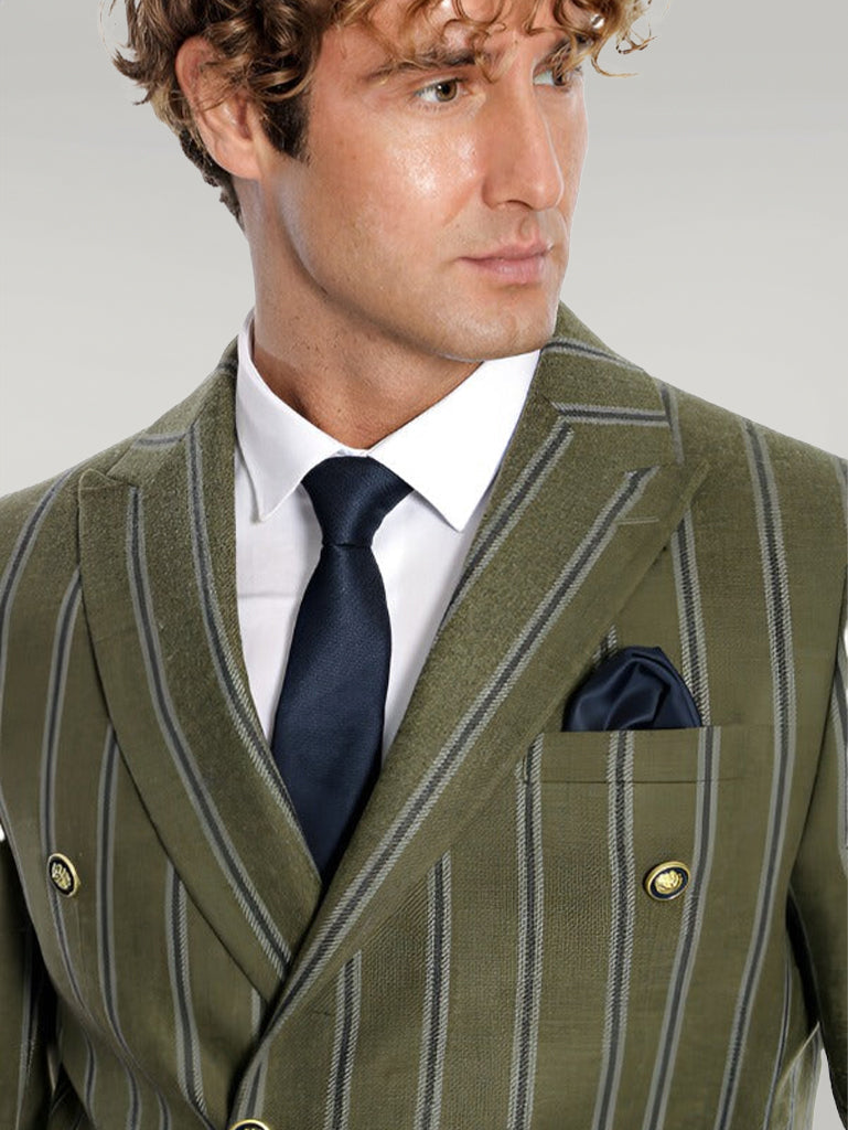 Wide Lapel Striped Double Breasted Green Men Blazer