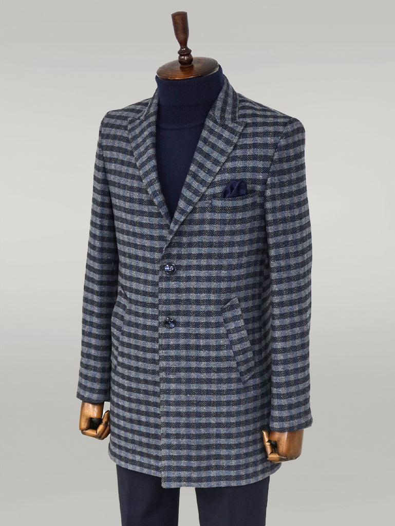 Cachet Plaid Wide Lapel Slim Fit Navy Blue Men Coat