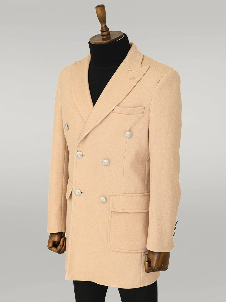 Metal Buttons Wool Cashmere Cream Men Double Breasted Coat