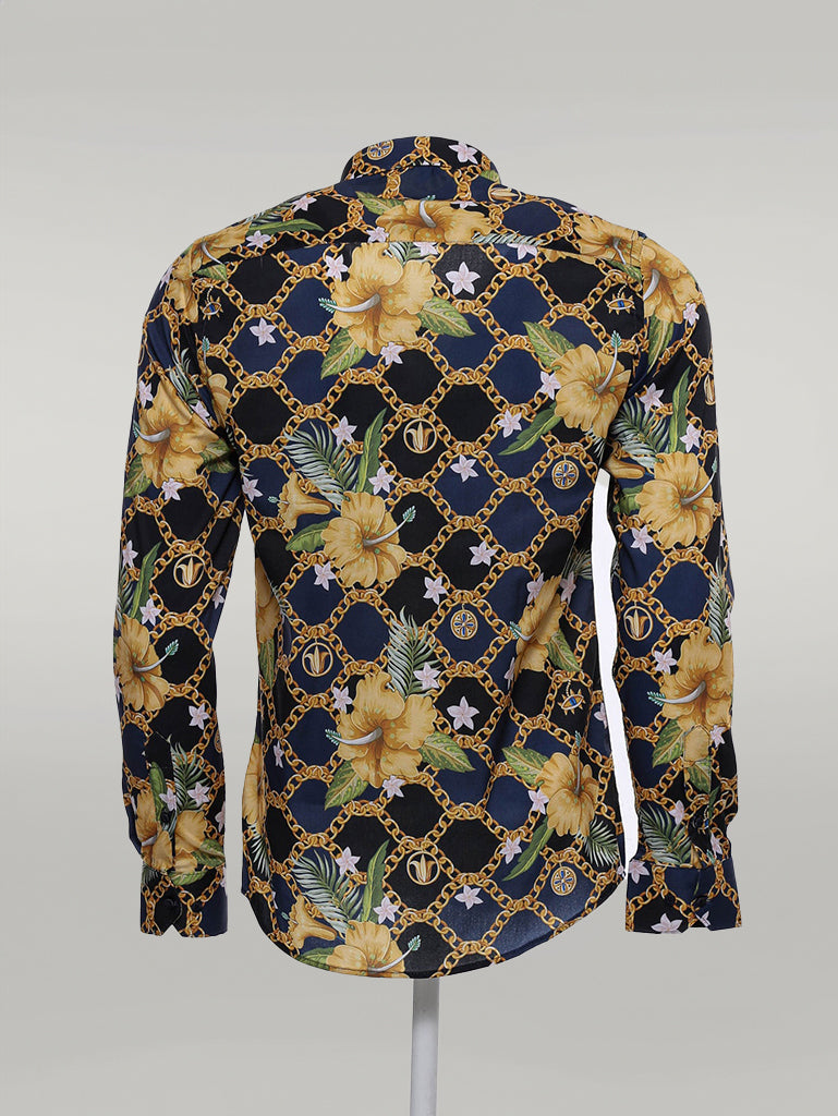 KOALA SYDNEY Colorful Floral Patterned Slim Fit Long Sleeves Navy Blue Men Shirt -