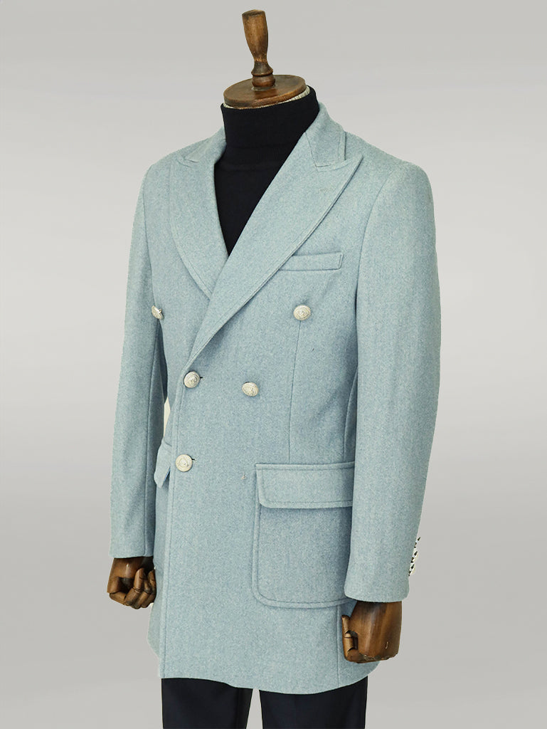 Metal Buttons Wool Cashmere Light Blue Men Double Breasted Coat