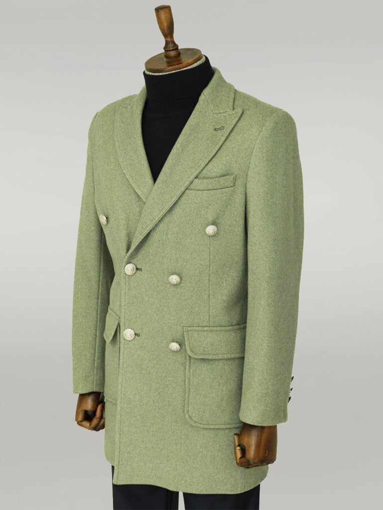 Metal Buttons Wool Cashmere Green Men Double Breasted Coat