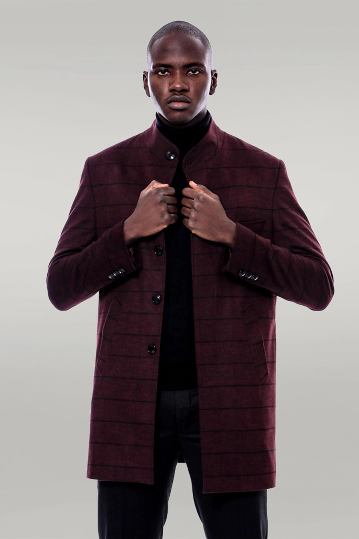 Mandarin Collar Burgundy Checked Coat