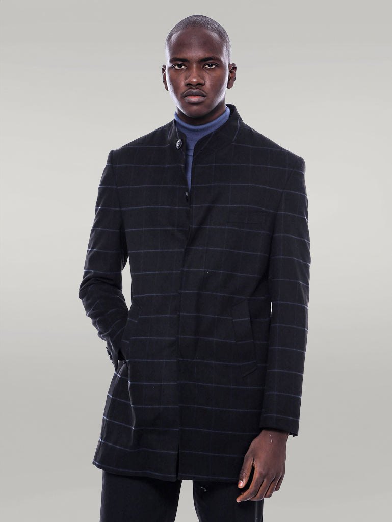 Mandarin Collar Black Checked Coat