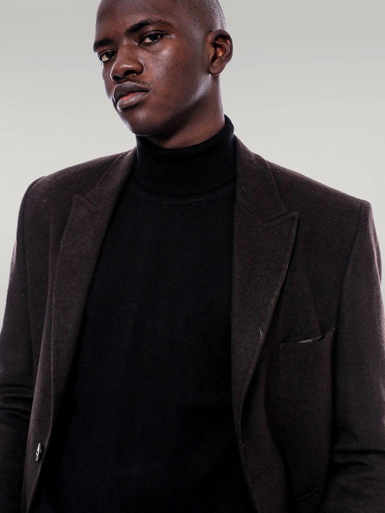 Wide Pointed Collar Over Knee Brown Men Coat