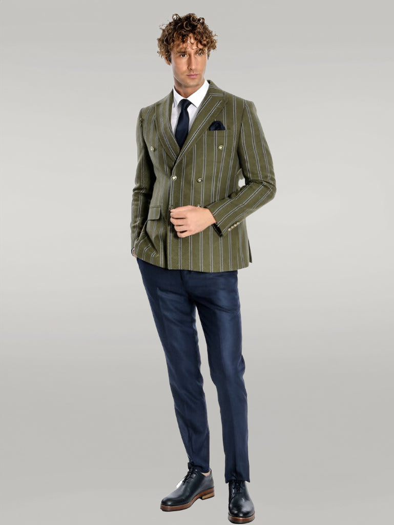 Wide Lapel Striped Double Breasted Green Men Blazer