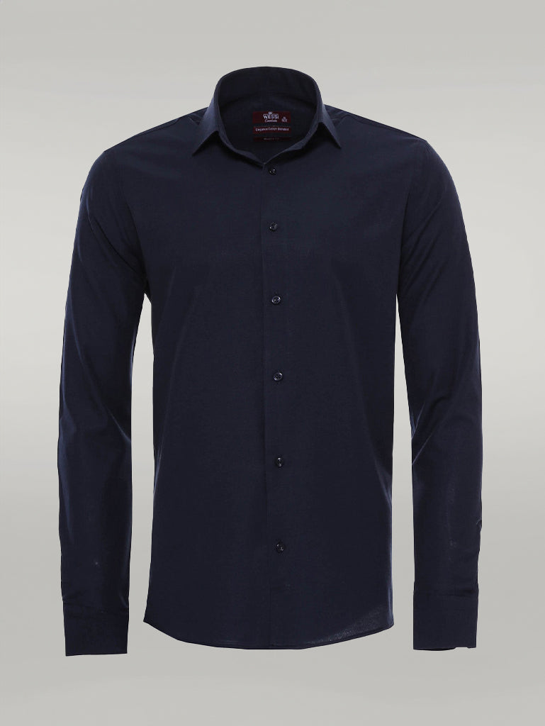 Plain Long Sleeves Regular Fit Navy Blue Men Shirt - Wessi