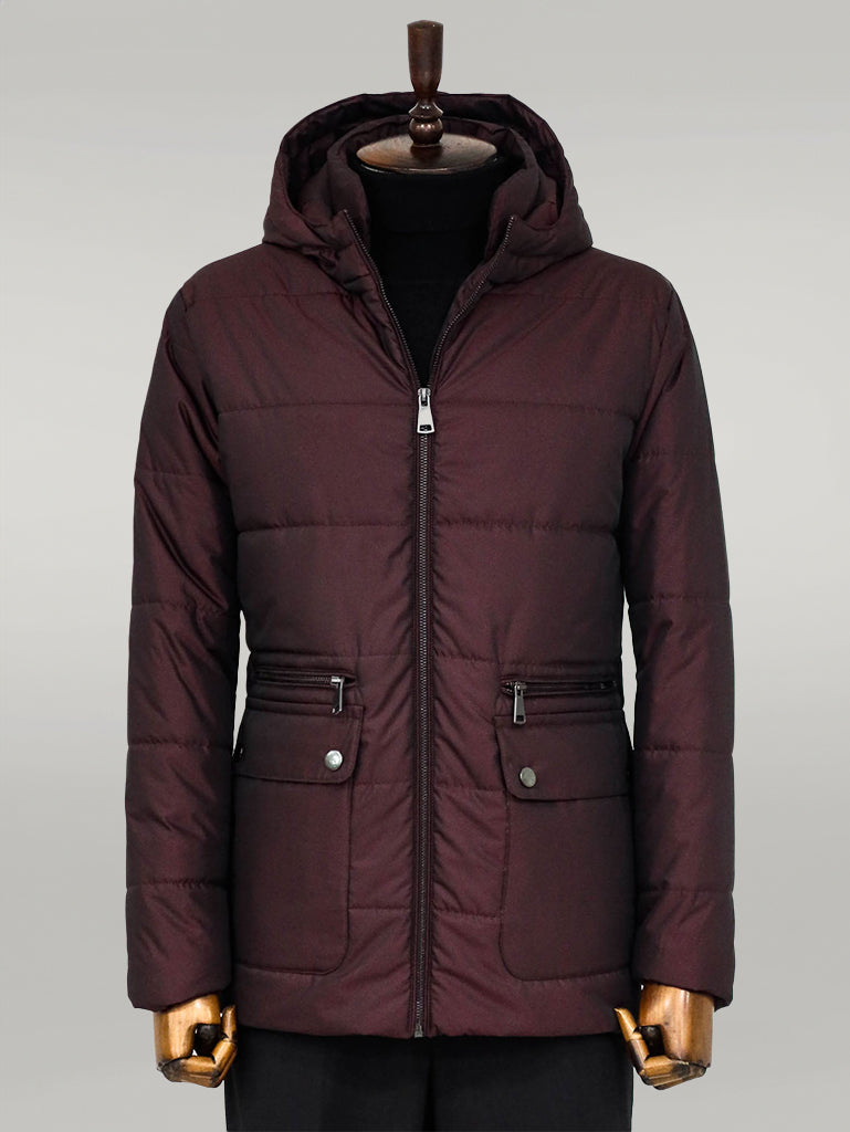 Slim Fit Hooded Burgundy Men Coat