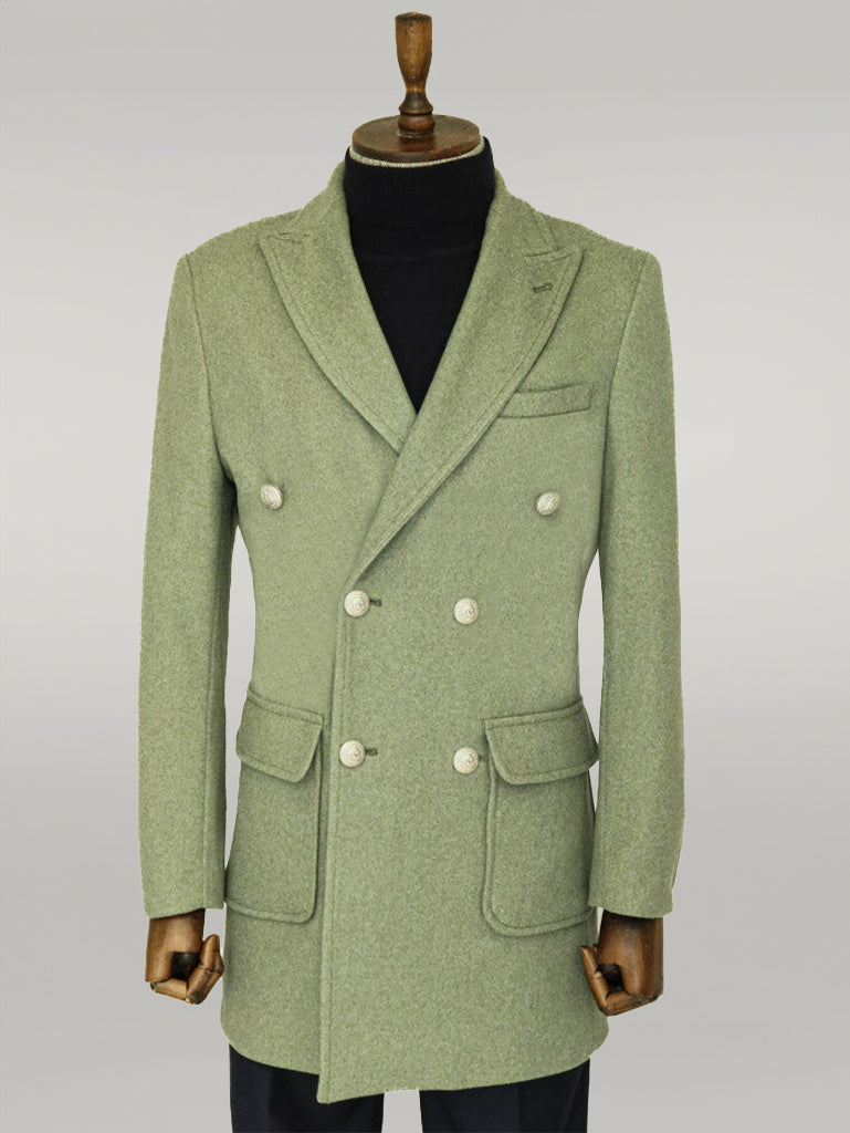 Metal Buttons Wool Cashmere Green Men Double Breasted Coat