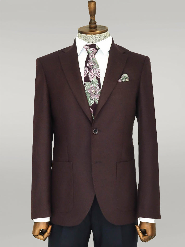 KOALA SYDNEY Slim Fit Plain Wide Lapel Burgundy Men Wool Blazer