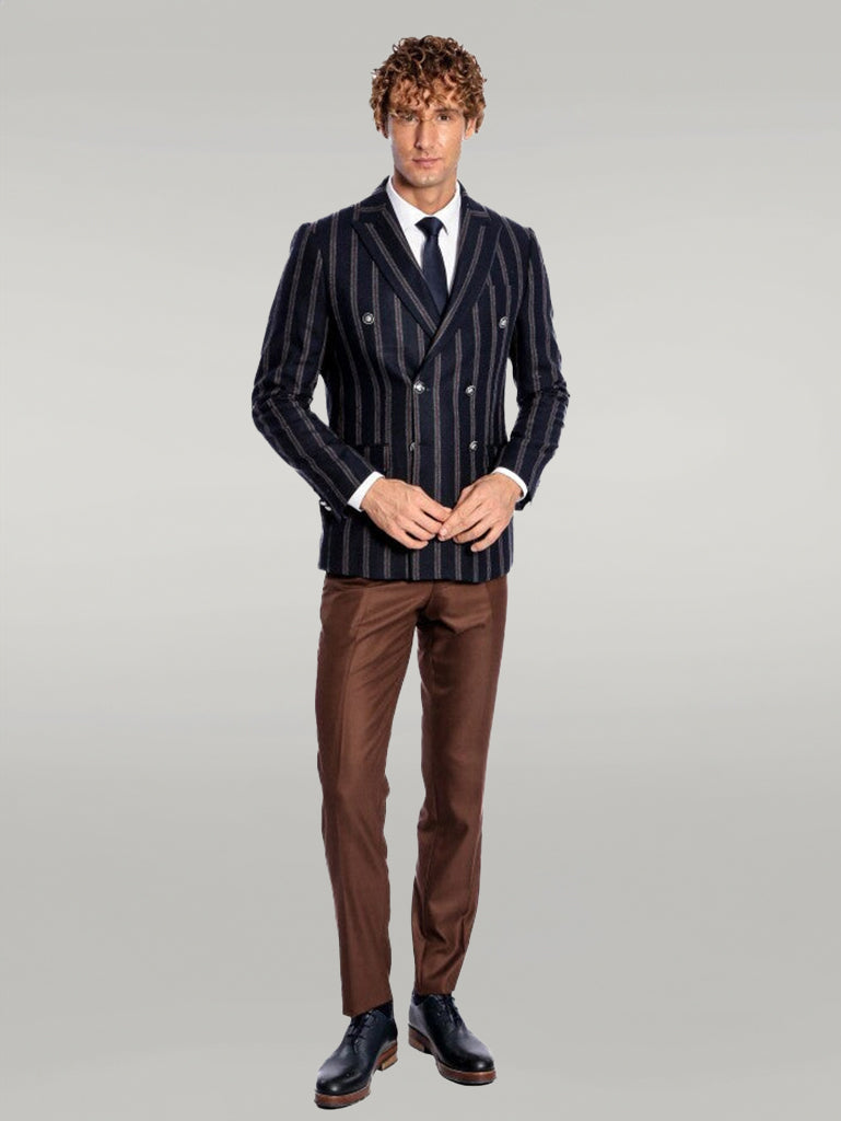 Wide Lapel Striped Double Breasted Navy Blue Men Blazer