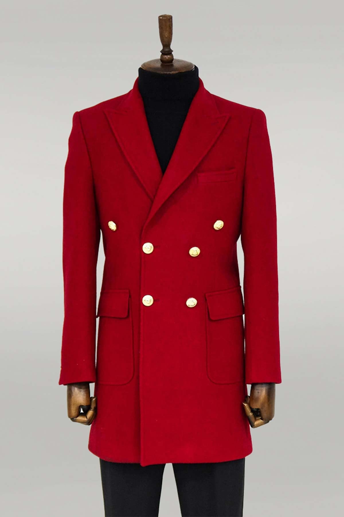 Metal Buttoned Double Breasted Burgundy Men Coat