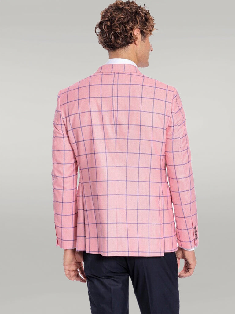 KOALA SYDNEY Blue Plaid Patterned Slim Fit Pink Men Blazer