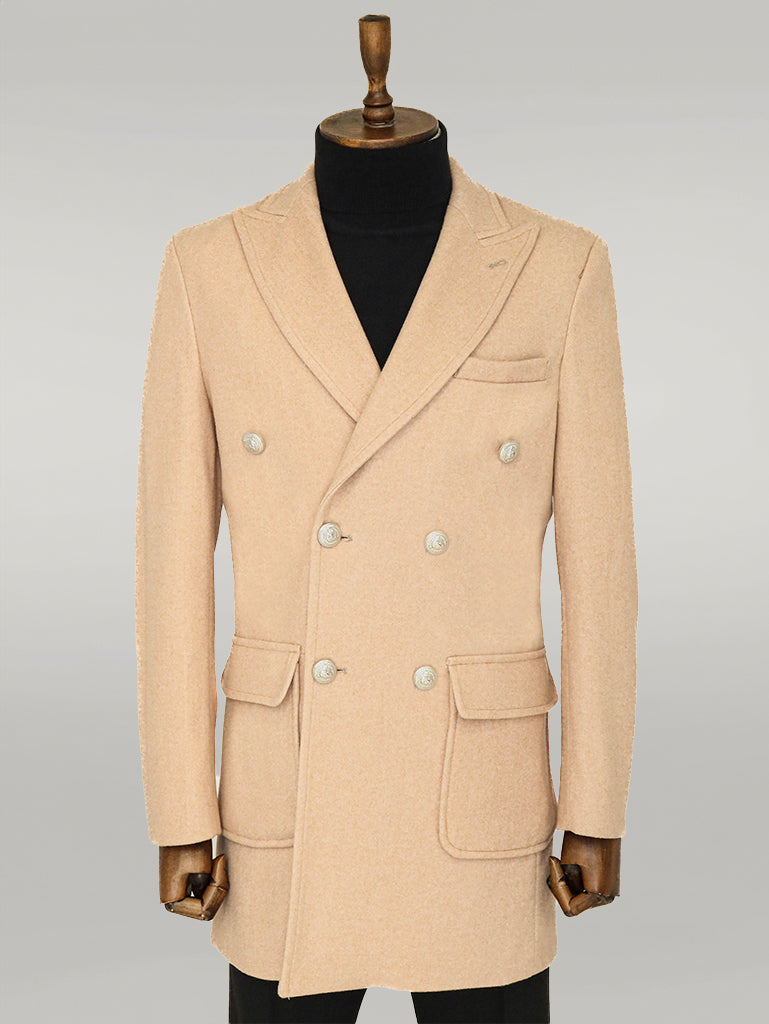 Metal Buttons Wool Cashmere Cream Men Double Breasted Coat