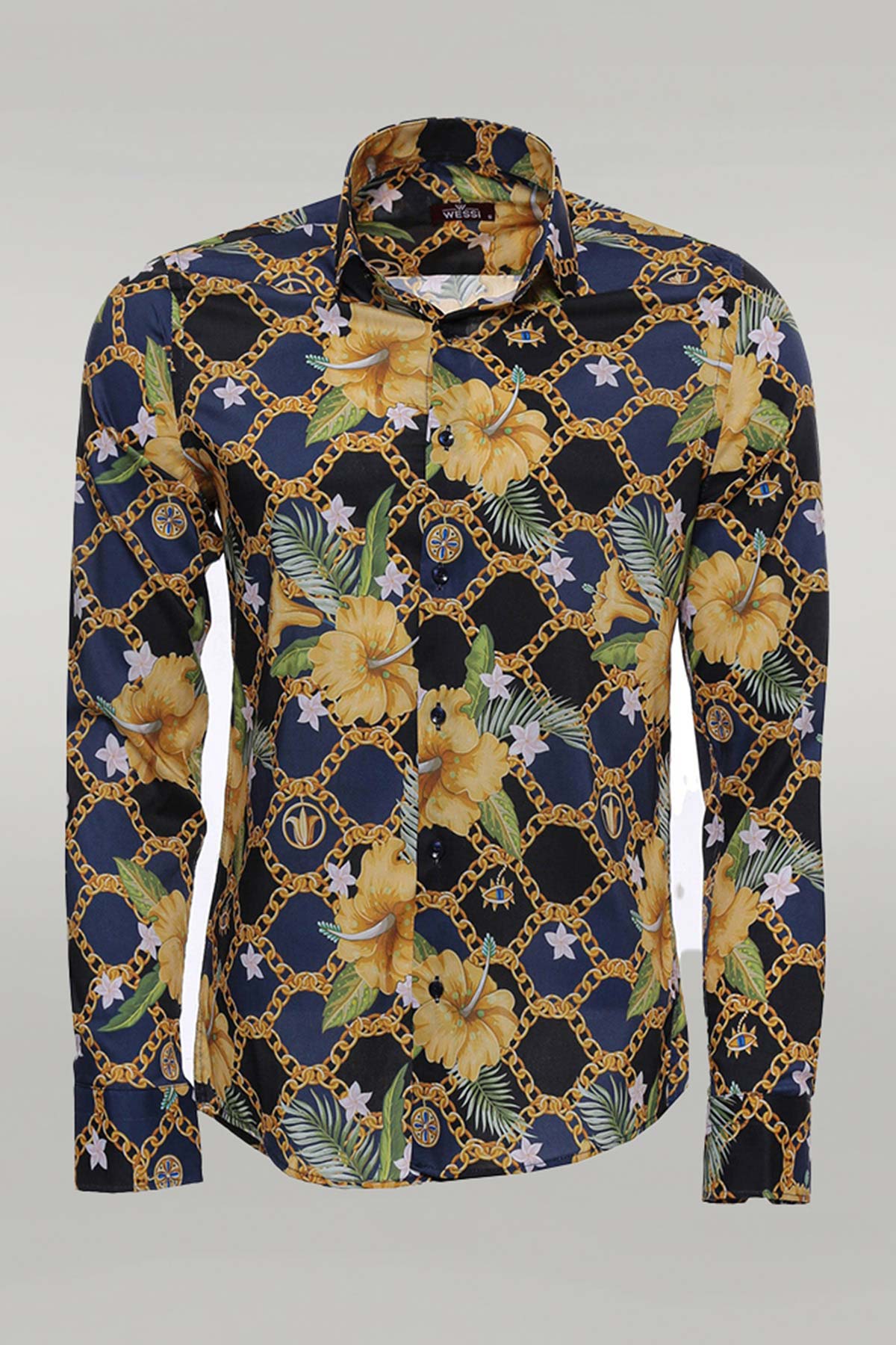 KOALA SYDNEY Colorful Floral Patterned Slim Fit Long Sleeves Navy Blue Men Shirt -