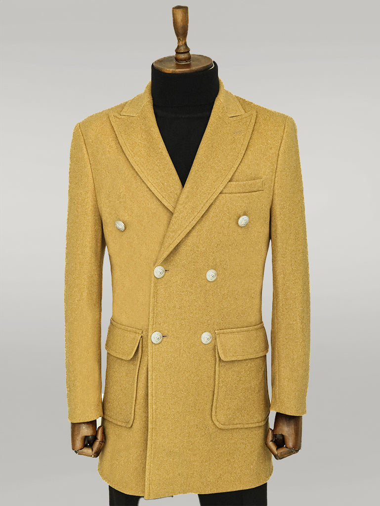 Metal Buttons Wool Cashmere Tan Men Double Breasted Coat