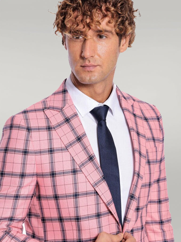 Plaid Slim Fit Pink Men Blazer