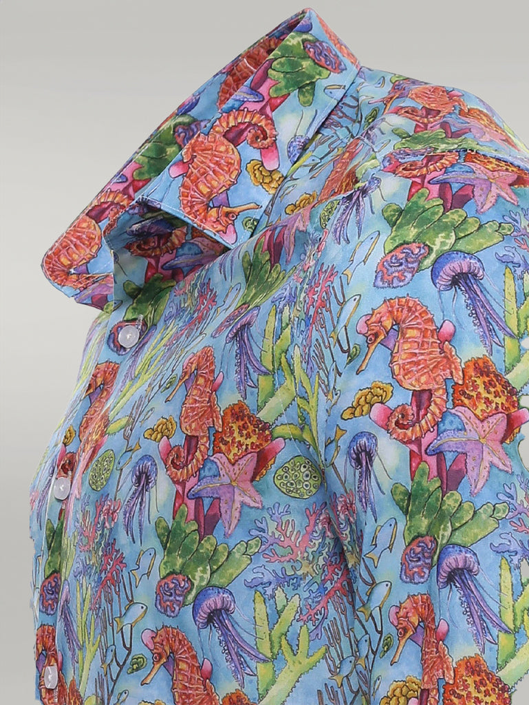 KOALA SYDNEY Red Floral Patterned Slim-Fit Long Sleeves Navy Blue Shirt -
