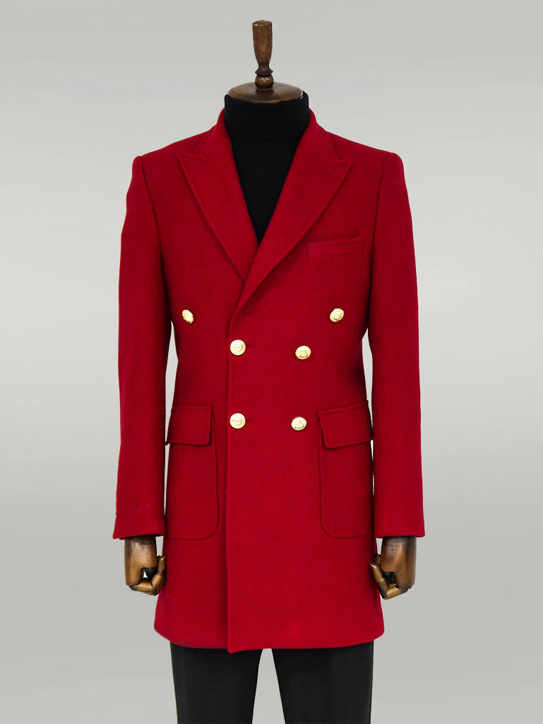 Metal Buttoned Double Breasted Burgundy Men Coat