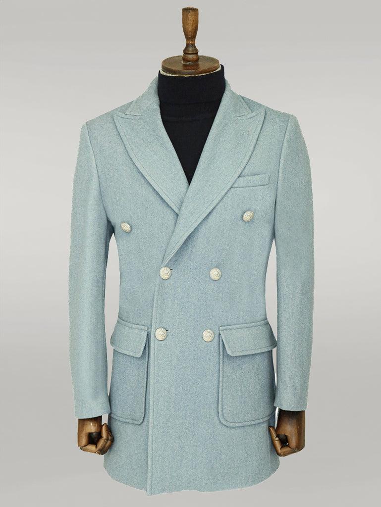 Metal Buttons Wool Cashmere Light Blue Men Double Breasted Coat